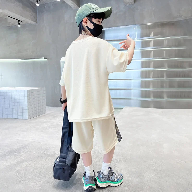 Boys Summer Suit Kids Short Sleeve T-Shirt Sports Casual Outfits for Teenage Boy Clothing Sets With Cartoon Bear