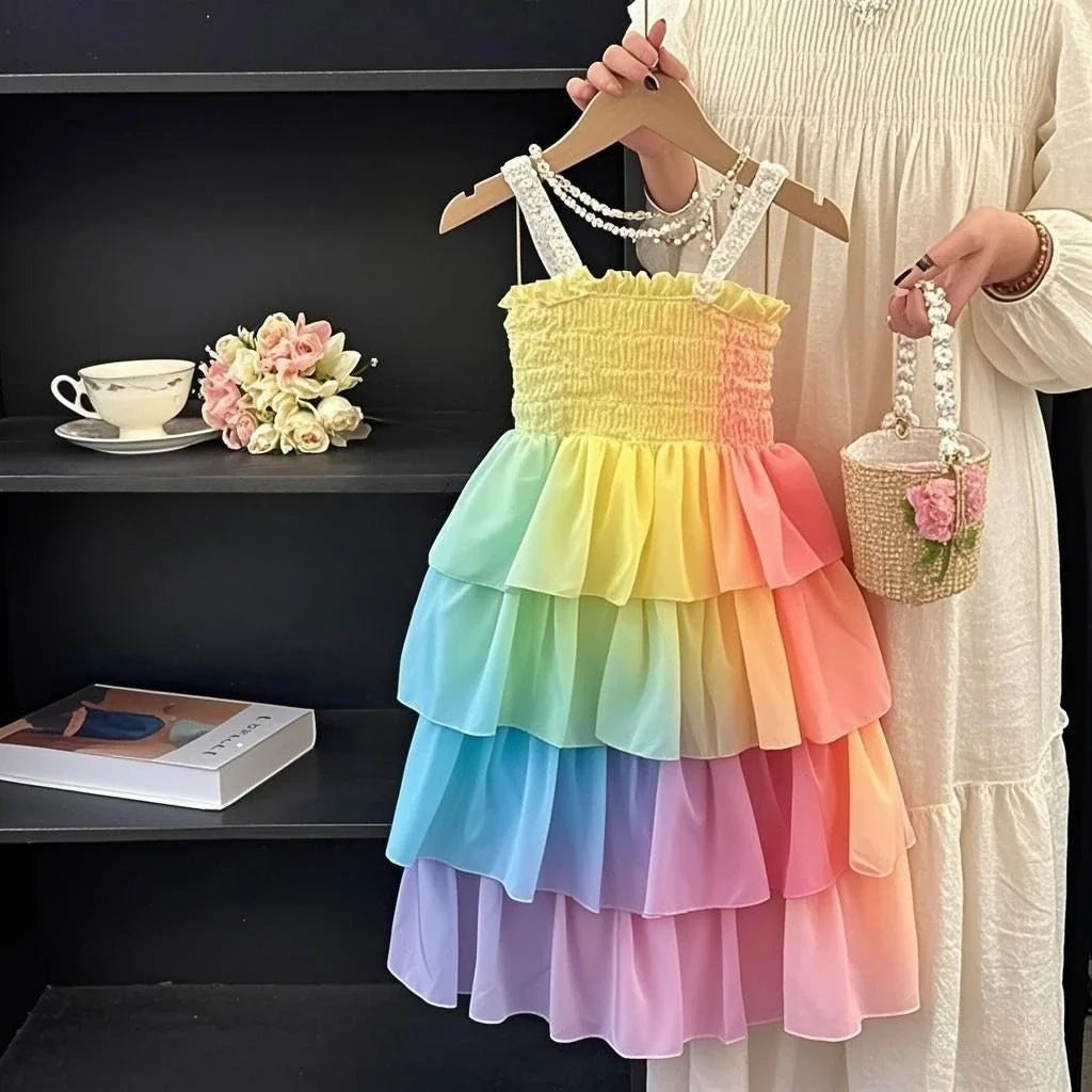 Kids Girls Summer Cake Dress  New Arrival Children Casual Multilayer Dresses Princess Sleeveless Sling Beach Rainbow Dress