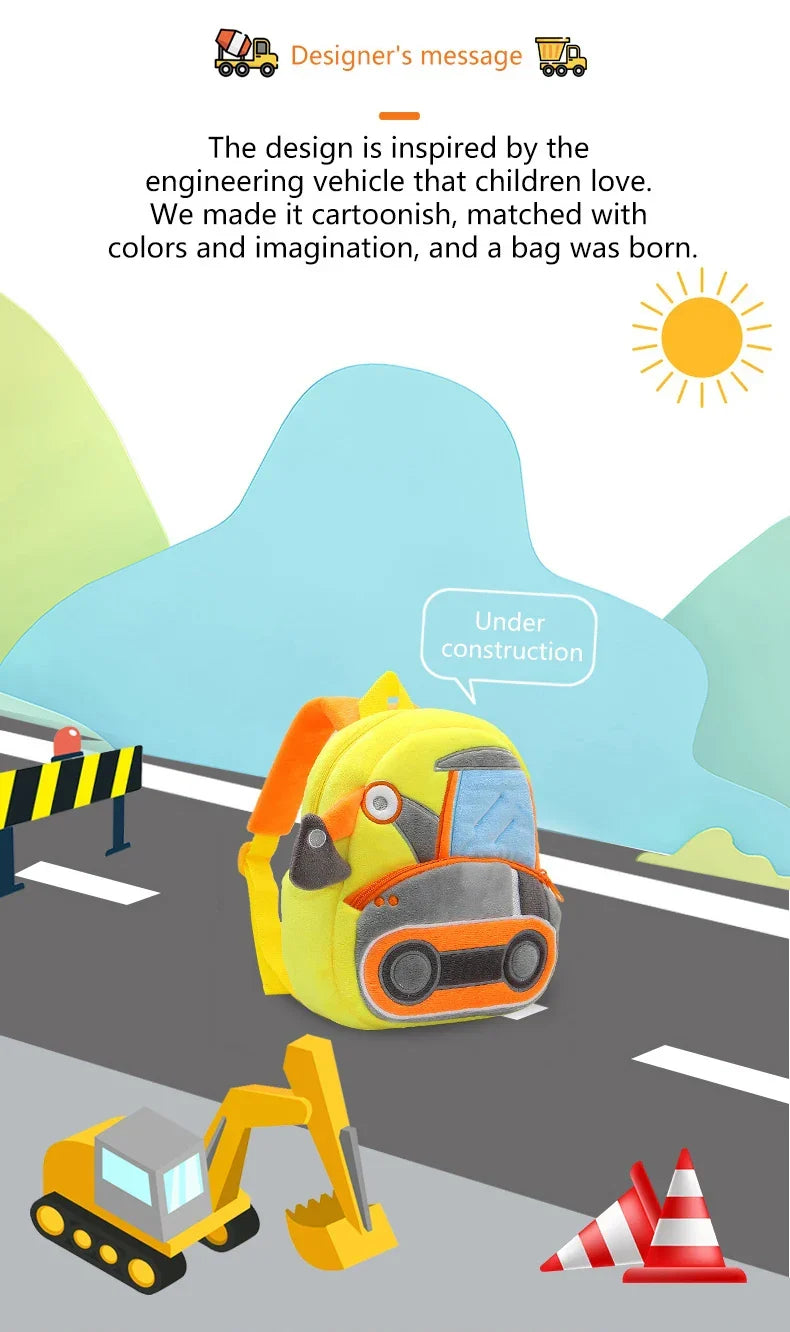 2-4 years old kids engineering backpack cartoon excavator backpack plush kids small school bag toy backpack - Baby's World