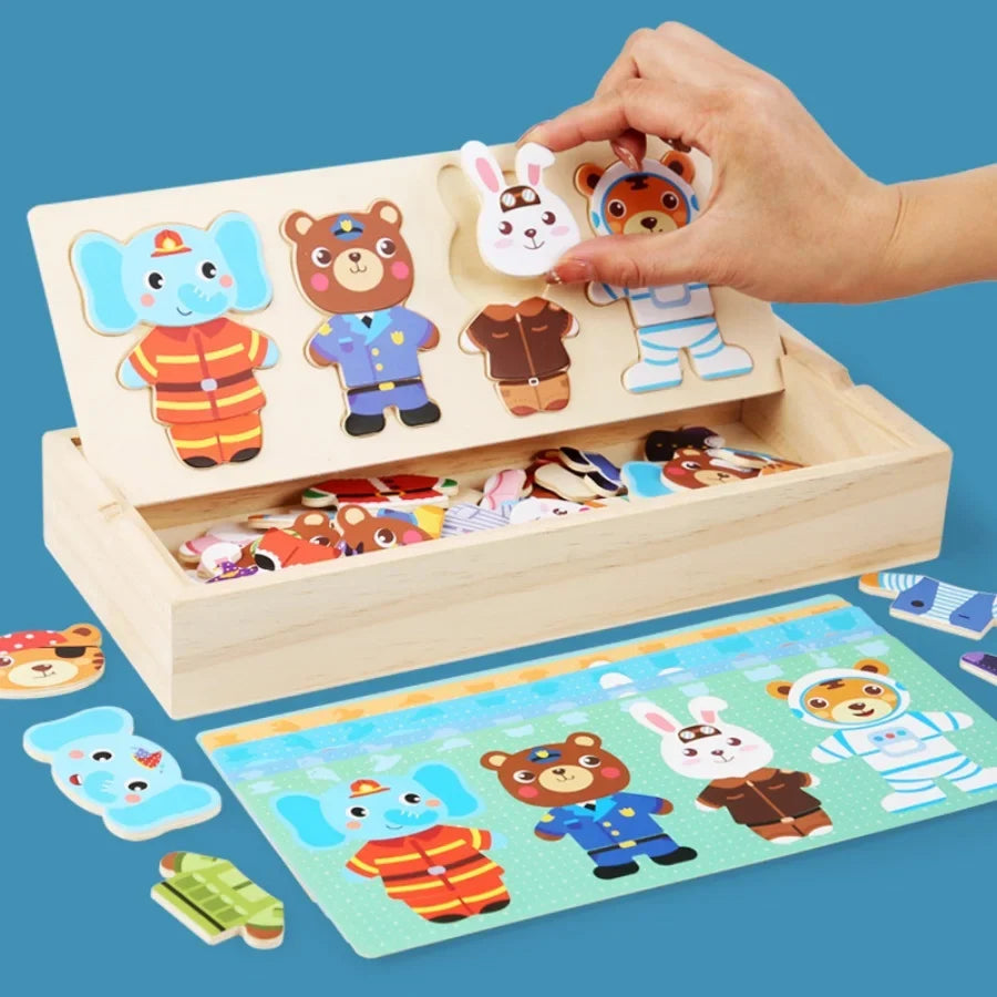 Wooden bear changing clothes animal changing clothes jigsaw kindergarten boys and girls darling Jigsaw Puzzle Children's puzzle