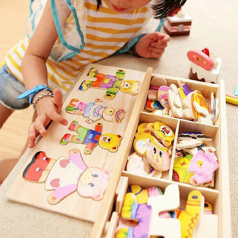 Little Bear Change Clothes Montessori Kids Early Education Wooden Jigsaw Puzzle Dressing Game Baby Puzzle Toys For Children Gift