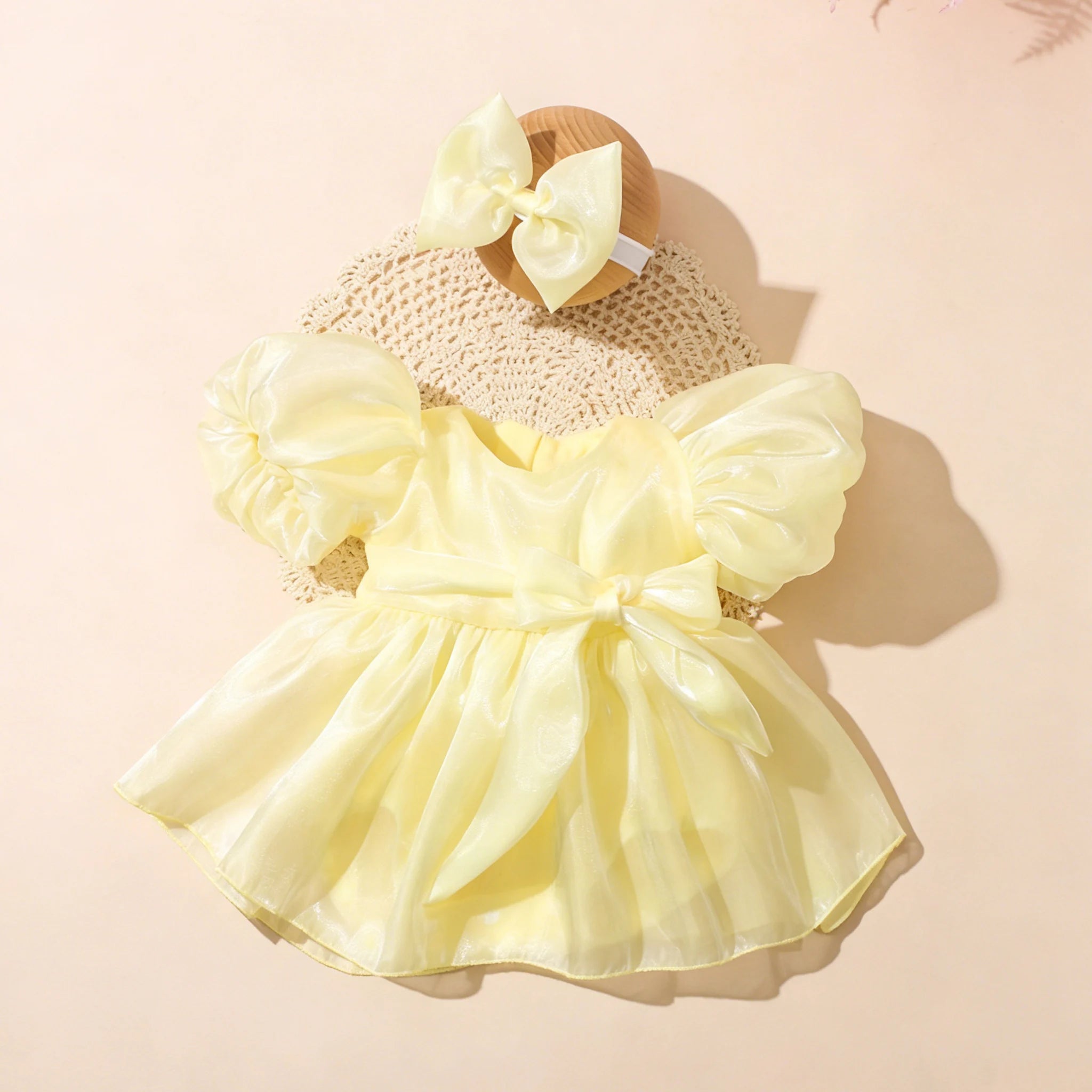 Summer New Style Newborn Sweet Puff Sleeve Tulle Dress with Headband Infant Romper Bow Princess Dress Casual Wear Shower Set-HD
