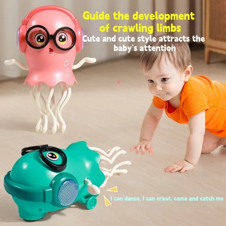 An electrically-powered crawling dancing jellyfish toy, an octopus with automatic obstacle sensor, intelligent LED lights and mu