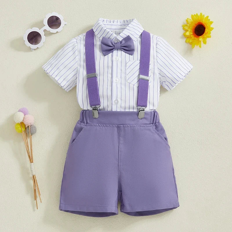 Boy Gentleman Outfit Vertical Stripe Print Short Sleeves Shirt with Bow Tie and Suspender Shorts Set for Formal Wear