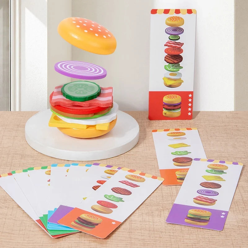 Montessori Wooden Hamburger Pretend Play Toy Educational Simulation Food Matching Stacking Game with Cards for Kids 2 Years Gift