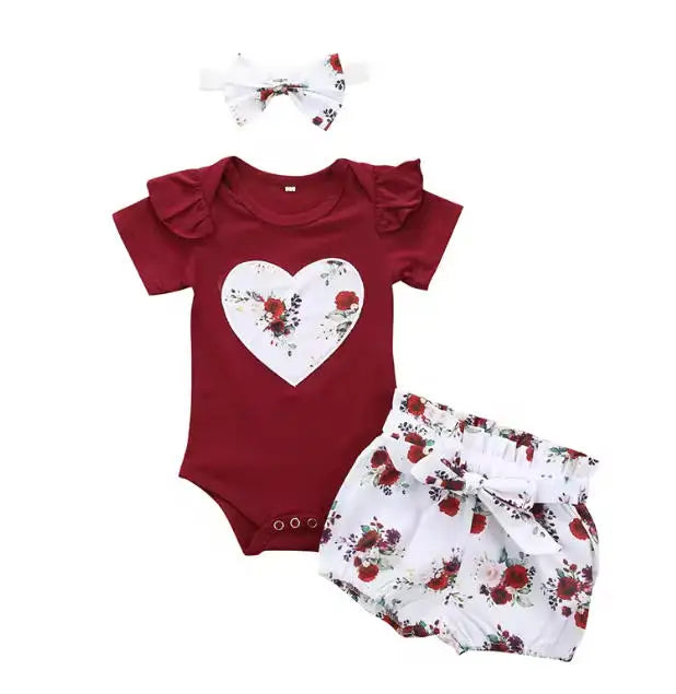 Summer Newborn Baby Girl Clothes Set Solid Color Short Sleeve Ruffle Romper Tops Flower Short Pants Headband 3Pcs Infant Outfits