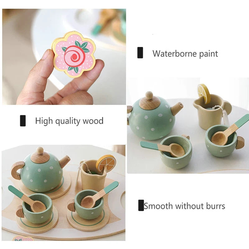 Wooden Pretend Play Kitchen Toys Coffee Machine Mixer Ice Cream Cake Toy Kids Play Food Teapot Cup Tea Set for Boys Girls Gifts