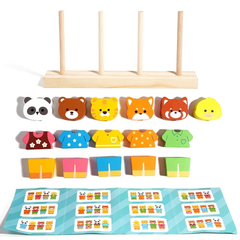 Wooden Children's Animal Changing Clothes Column Pattern Matching Color Recognition Fine Motor Training Game Educational Toys