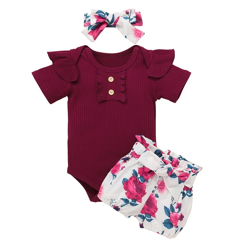Summer Newborn Baby Girl Clothes Set Solid Color Short Sleeve Ruffle Romper Tops Flower Short Pants Headband 3Pcs Infant Outfits