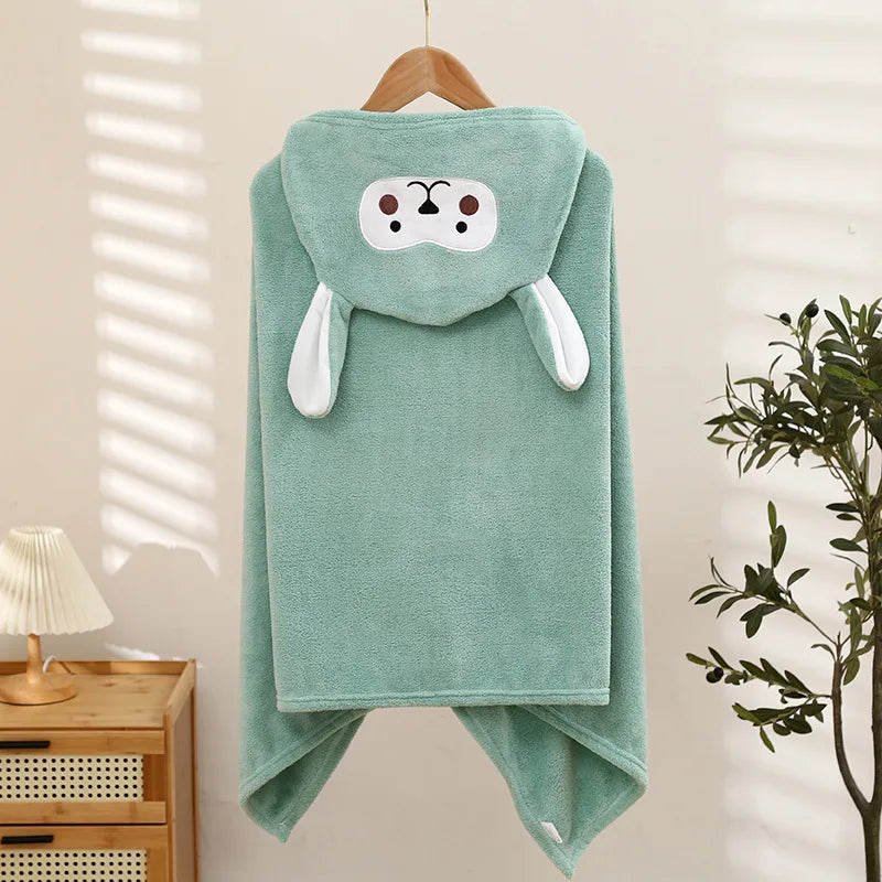 Cartoon Animal Hooded Bath Towel for Kids Coral Fleece Super Absorbent Non Shedding Bathrobe Cape for Toddler Baby