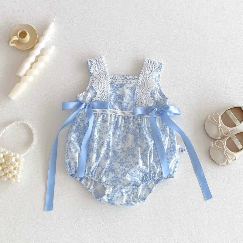 2025 New Summer Newborn Baby Girl Romper Sleeveless Cotton Printing Lace Splicing Infant Baby Girls Jumpsuit 0-24M Baby Clothes