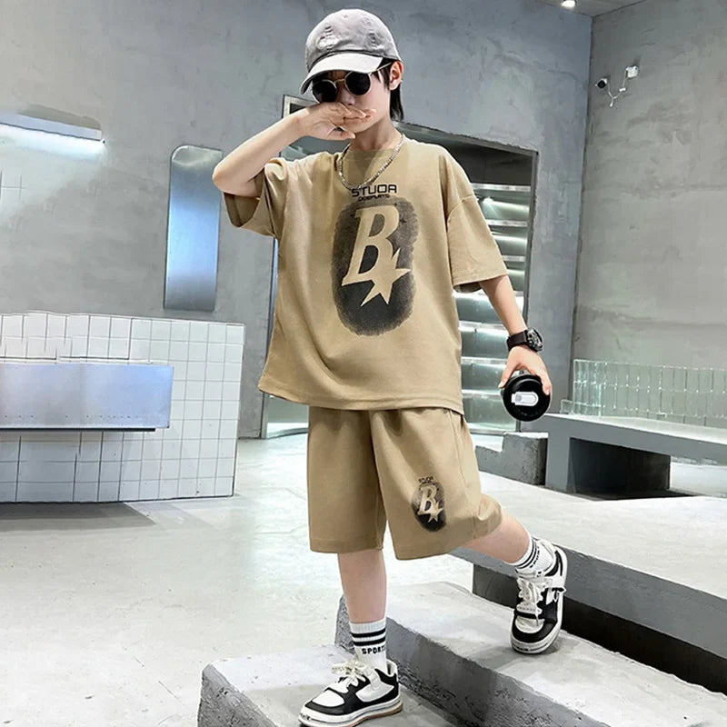 New Summer Teenager Boys Clothing Set Cotton Letter Short Sleeve T-shirt Shorts  Years Kids Tracksuits Child Cloth