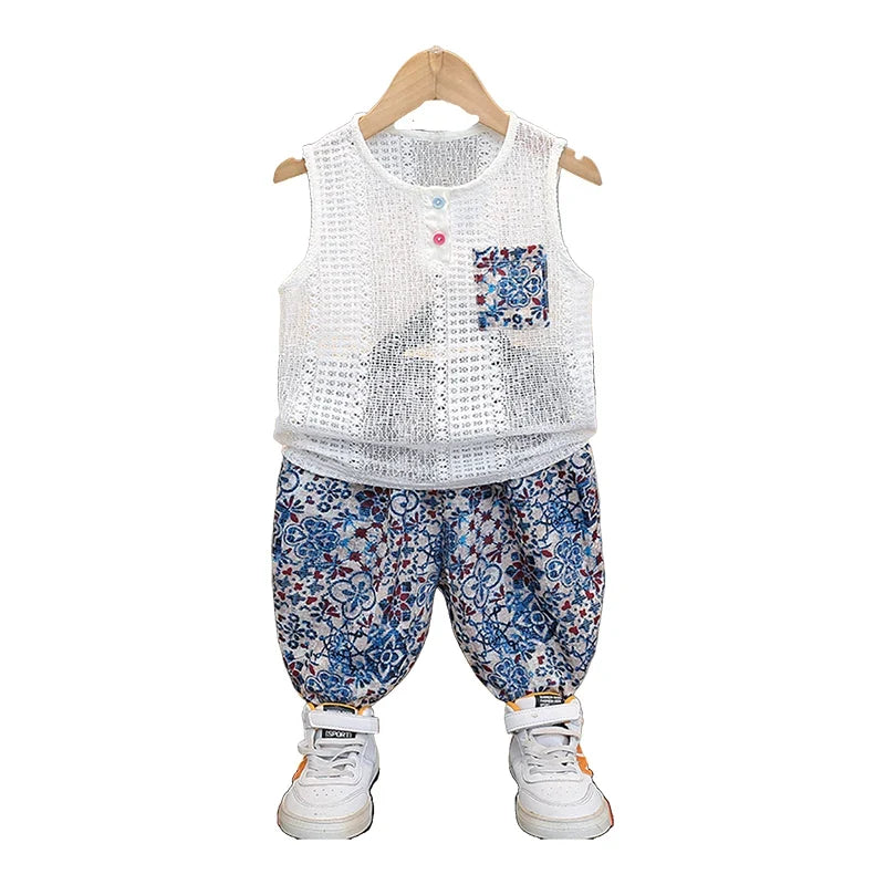 Boys Summer Hollow out Vest Set Breathable Me Svel Long Pants Two Piece Suit Teen Casual Sportswear Cotton Blend orts