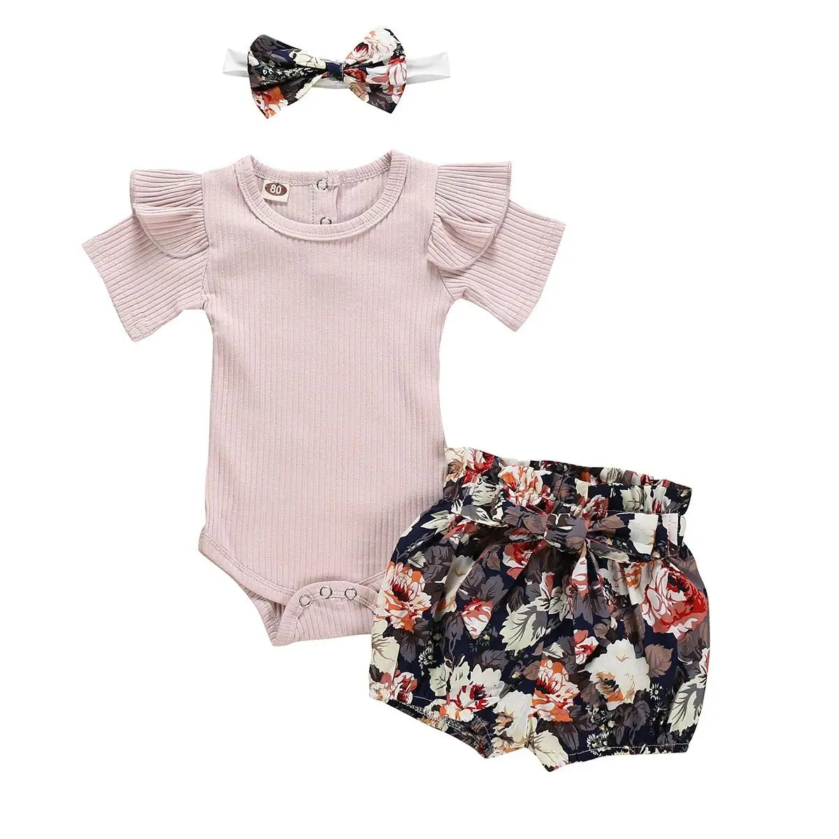 Summer Newborn Baby Girl Clothes Set Solid Color Short Sleeve Ruffle Romper Tops Flower Short Pants Headband 3Pcs Infant Outfits