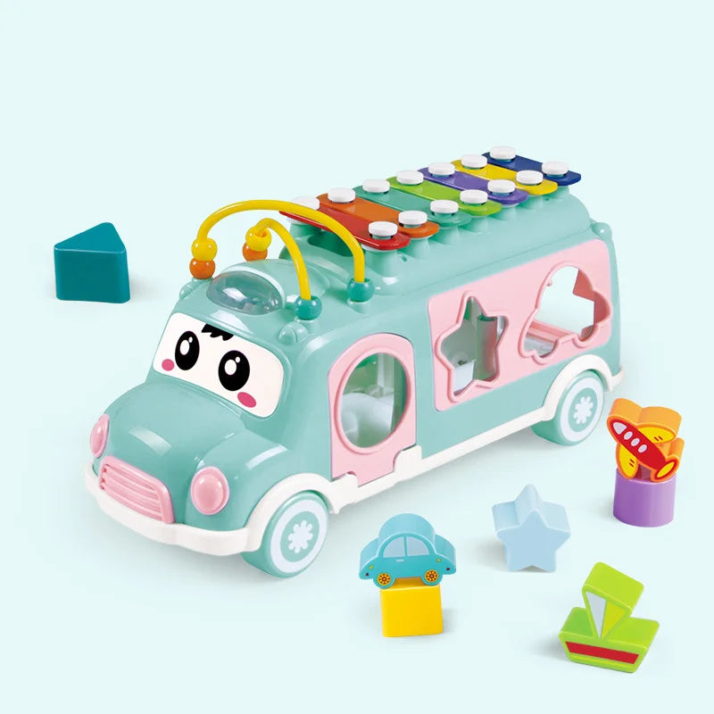 Children's Multifunctional Cartoon Imitation Instrument Xylophone, Baby Tapping Piano, Building Blocks, Bus Playing Music Toy