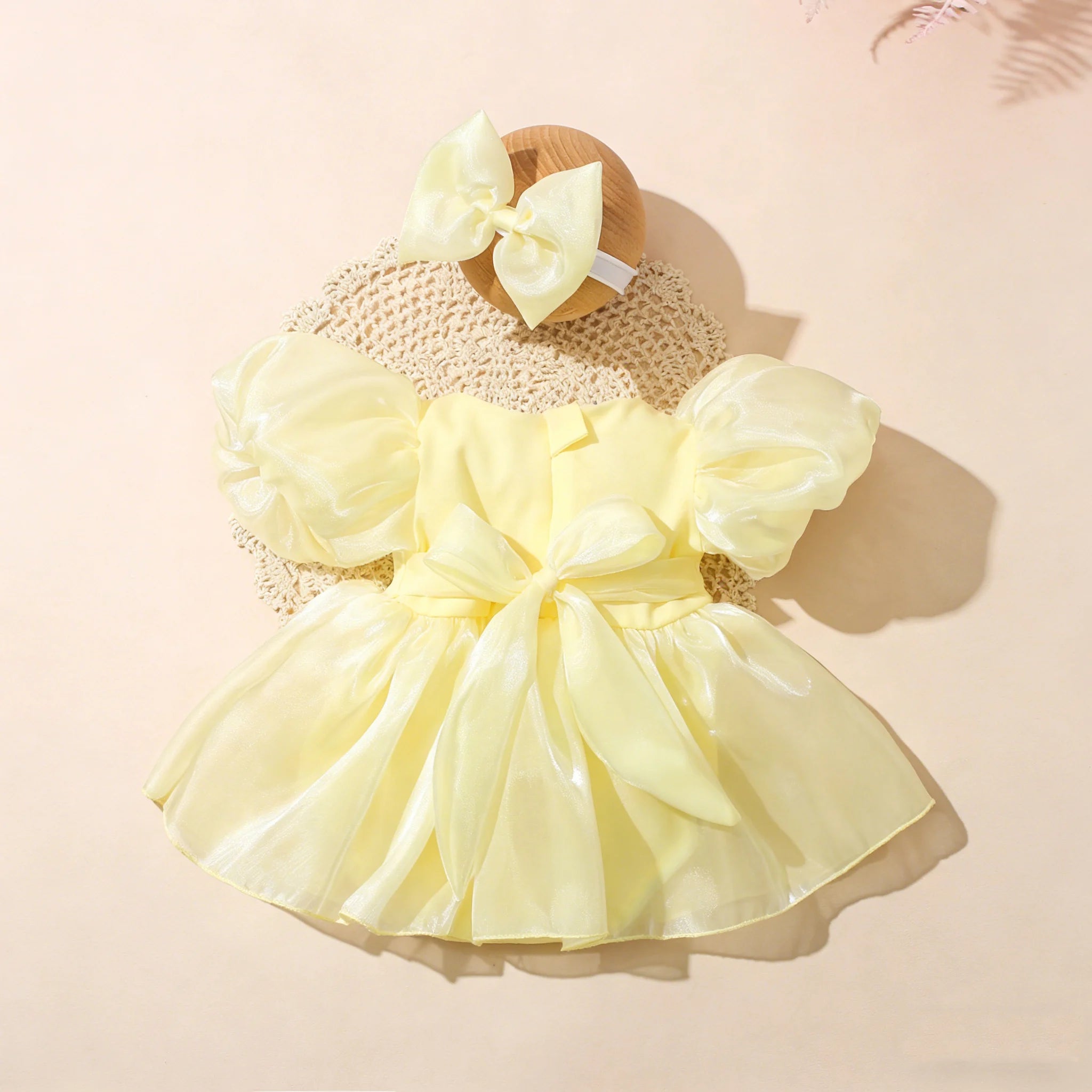 Summer New Style Newborn Sweet Puff Sleeve Tulle Dress with Headband Infant Romper Bow Princess Dress Casual Wear Shower Set-HD