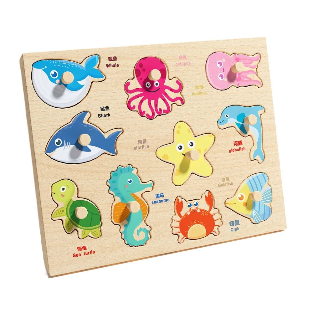Montessori Hand Grab Boards Toys Cartoon Shape Matching Tangram Jigsaw Game Multifunction Creative Wooden Puzzle Toys Kids