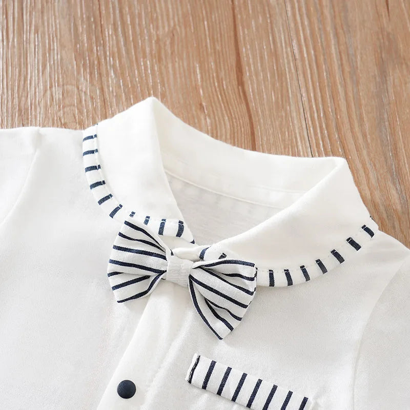 Newborn Baby Boy Summer short sleeve clothing 0-12 months one-piece white cotton comfort gentleman bow tie fashion straps romper