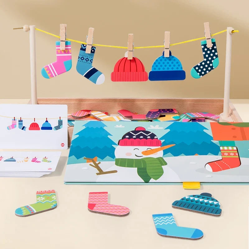 Wooden Fun Sock Drying Puzzle Montessori Toys Bear Change Clothes Jigsaw Puzzle Box Educational Matching Sorting Toys Gifts