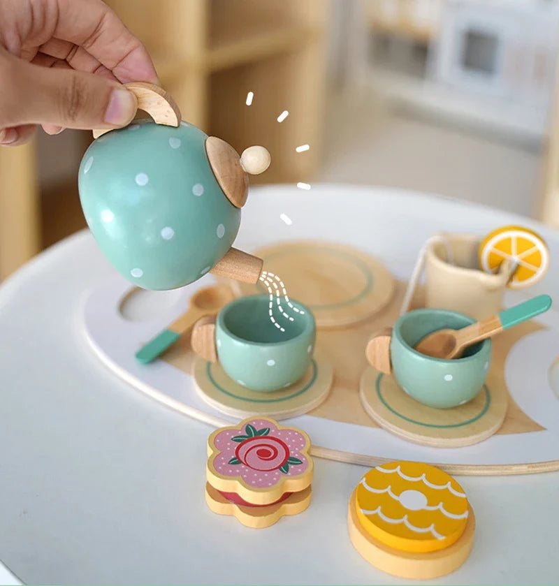 Wooden Afternoon Tea Set Toy Kitchen Accessories Tea Party Food Play Early Educational Toys for Toddlers Girls Boys Kids Gifts