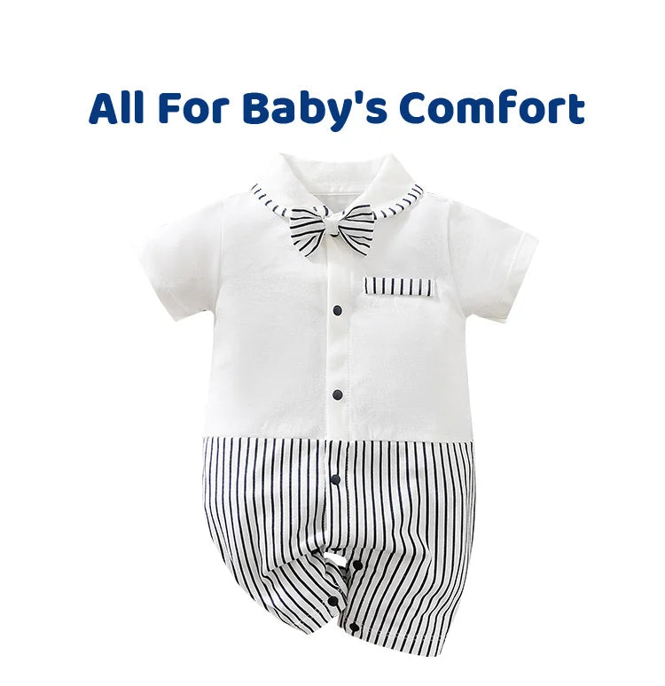 Newborn Baby Boy Summer short sleeve clothing 0-12 months one-piece white cotton comfort gentleman bow tie fashion straps romper
