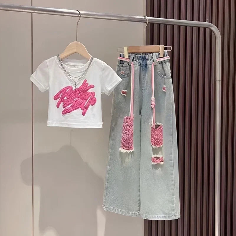 Kids Child New Jeans T-shirt 2 Pieces Clothing Set for Teen Girl High Fashion Streetwear Outfits Drawstring Pants & Tees Suit