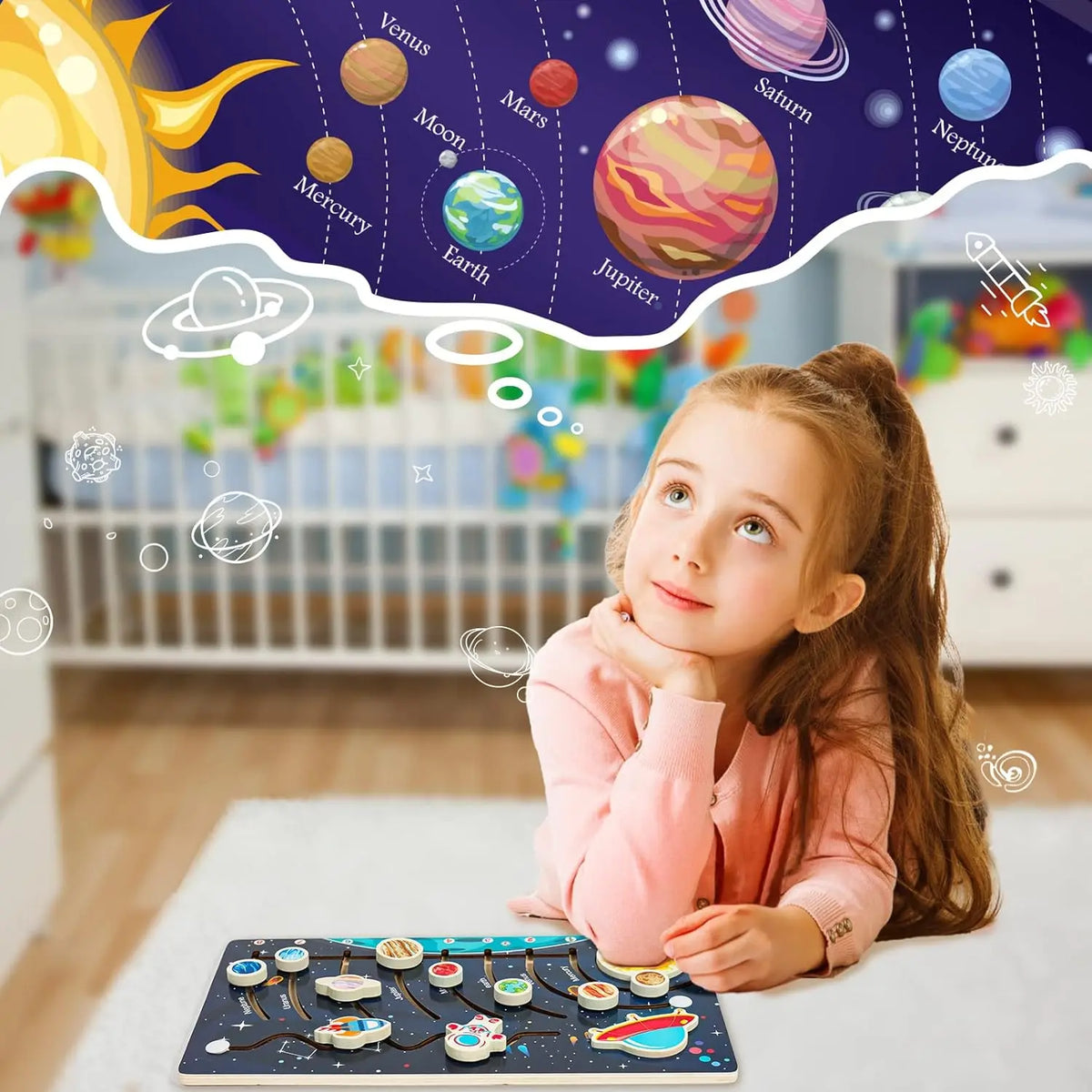 Movable Solar System Puzzle for Kids Boys 3-6 Years Wooden Space Toys Planets for Kids Space Planetary Science Educational Toys