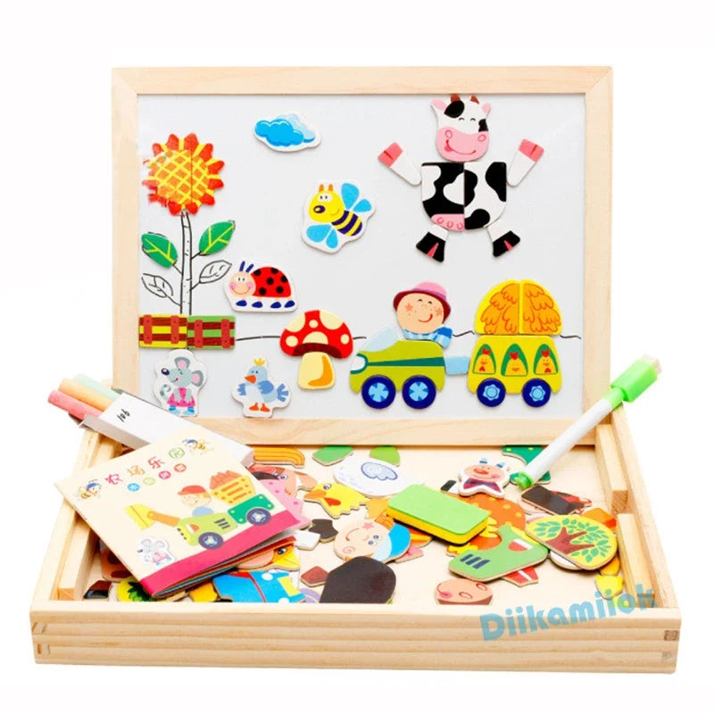 Magnetic 3D Puzzles for Kids Montessori Games Educational Toys for Children Blackboard Whiteboard Drawing Wooden Jigsaw Puzzle