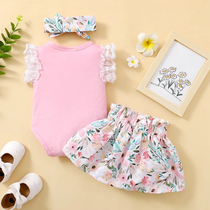 0-18 Months Newborn Baby Girl Summer Daily Clothes Set Fly Sleeve Romper Top + Flowers Skirt with Headband Lovely 3PCS Outfit