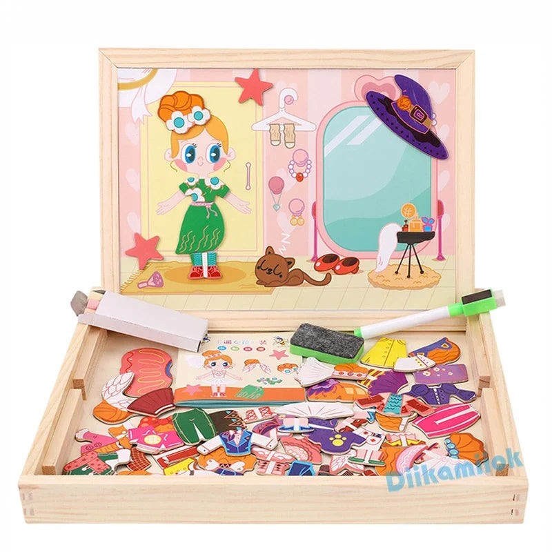 Magnetic 3D Puzzles for Kids Montessori Games Educational Toys for Children Blackboard Whiteboard Drawing Wooden Jigsaw Puzzle