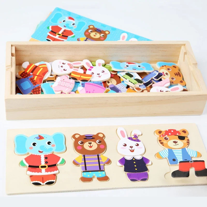 Little Bear Change Clothes Montessori Kids Early Education Wooden Jigsaw Puzzle Dressing Game Baby Puzzle Toys For Children Gift