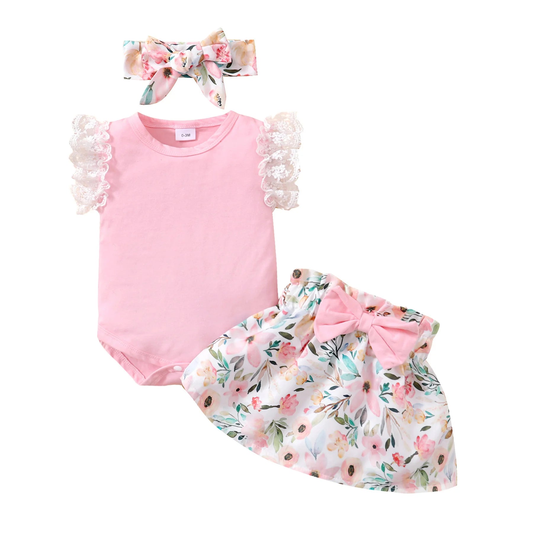 0-18 Months Newborn Baby Girl Summer Daily Clothes Set Fly Sleeve Romper Top + Flowers Skirt with Headband Lovely 3PCS Outfit
