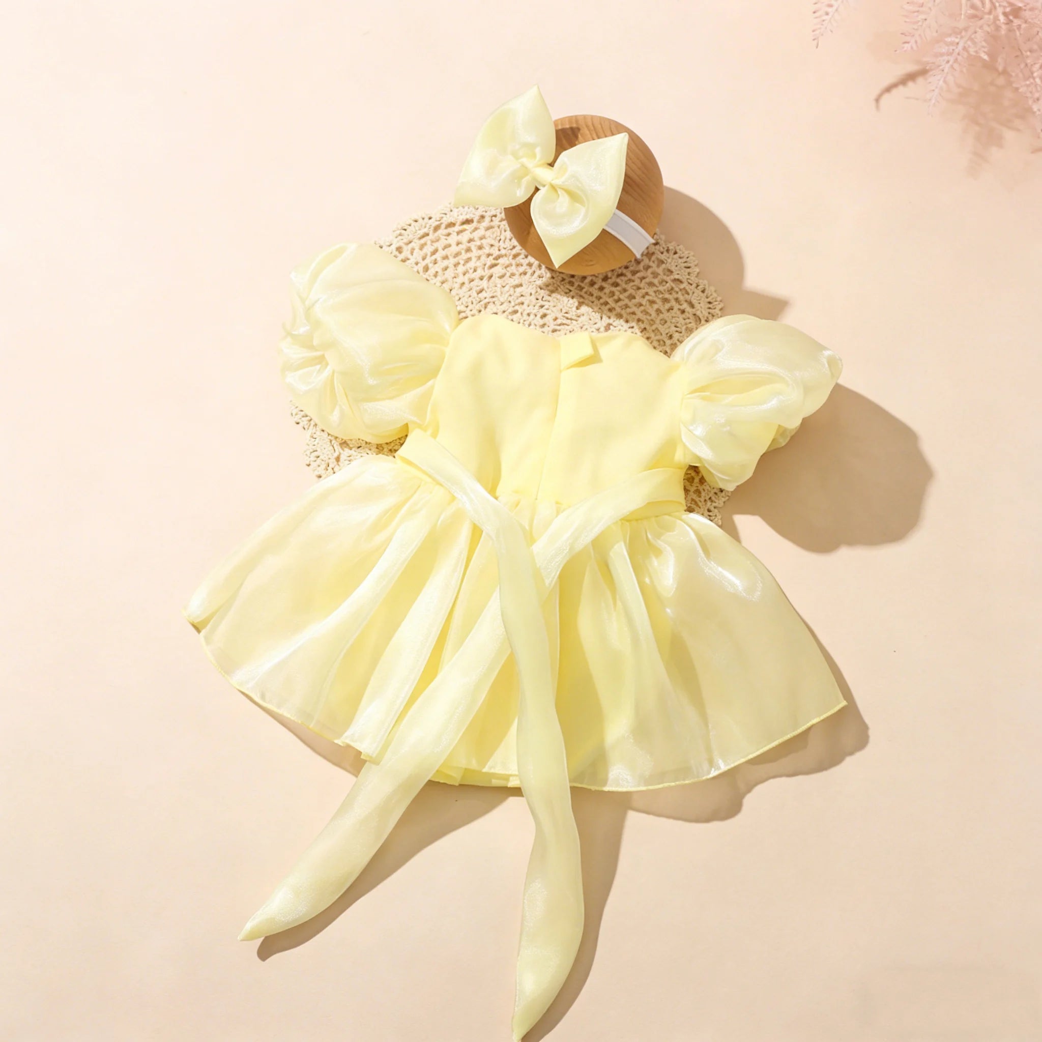 Summer New Style Newborn Sweet Puff Sleeve Tulle Dress with Headband Infant Romper Bow Princess Dress Casual Wear Shower Set-HD