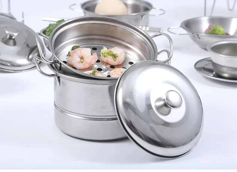 Stainless Steel Action Figures Kids Kitchen Toys Cooking Cookware Children Kitchen Tableware Pretend Role Play Toy for Kids
