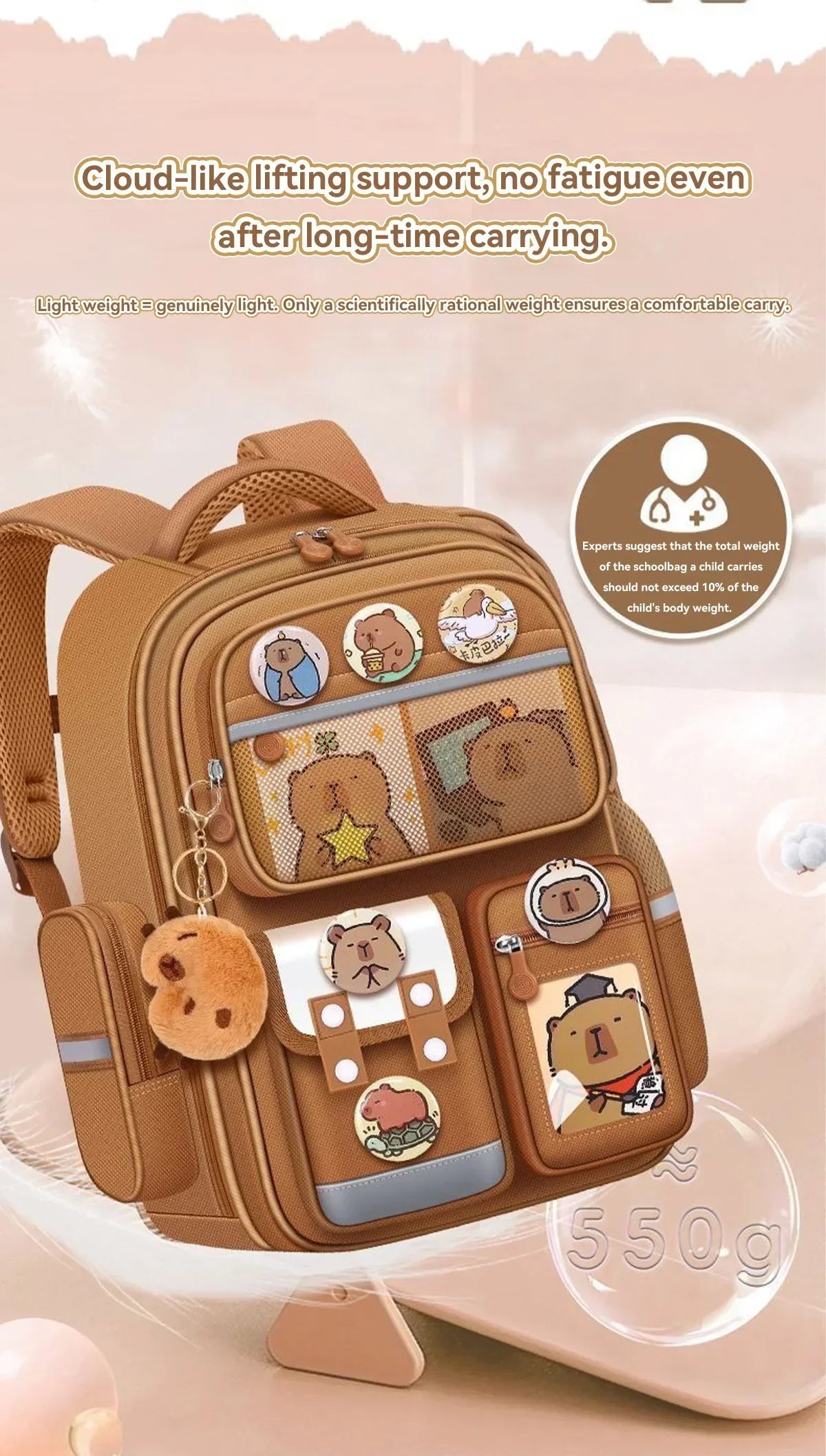 Capybara School Bag Waterproof Backpack Large Capacity Alleviate Burden Protecting Spine Widen Straps Backpack for Students