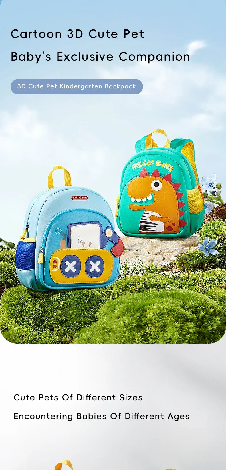 AIBEDILA Children Cute Cartoon 3D Dinosaur School Bags Anti-lost Boys Backpacks Girls Toddler Rucksack Kindergarten