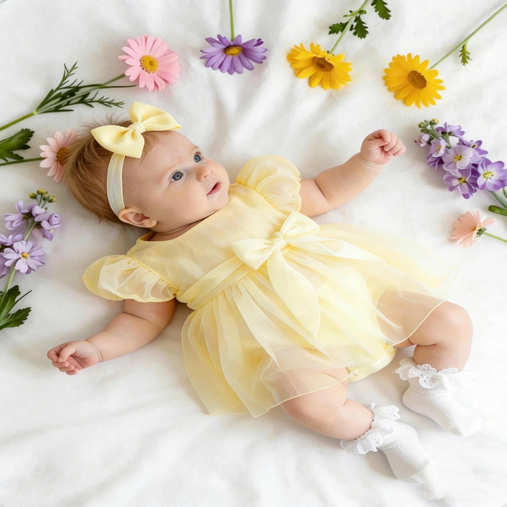 Summer New Style Newborn Sweet Puff Sleeve Tulle Dress with Headband Infant Romper Bow Princess Dress Casual Wear Shower Set-HD