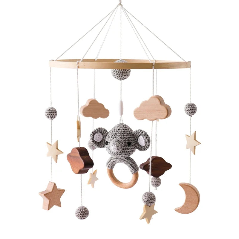 Baby Wooden Bed Bell Cartoon Rabbit Mobile Hanging Rattles Toy Hanger Crib Mobile Bed Bell Wood Toy Holder Arm Bracket Kid Gifts