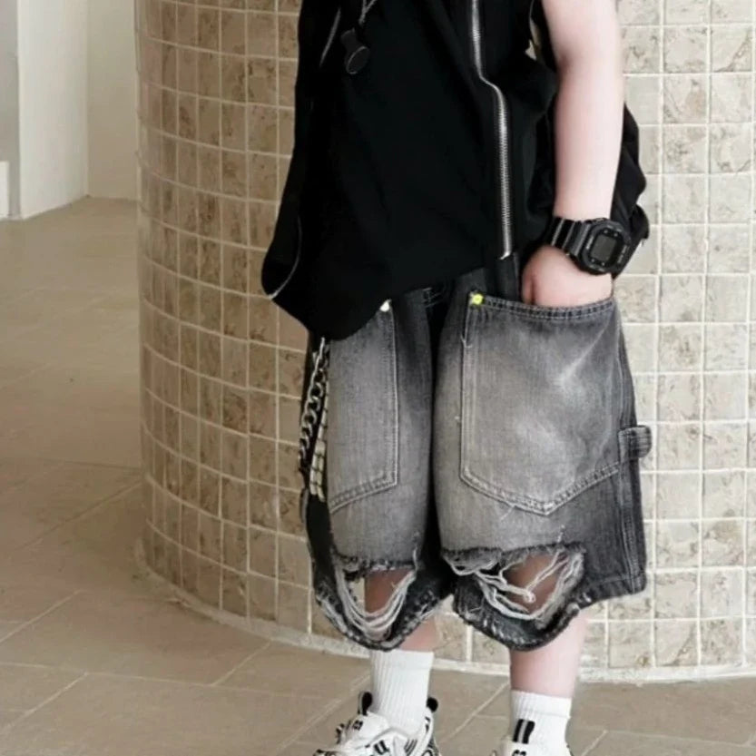 Boys' Korean Vintage Distressed Jeans 100% Cotton Streetwear Kids' Trendy Outfit