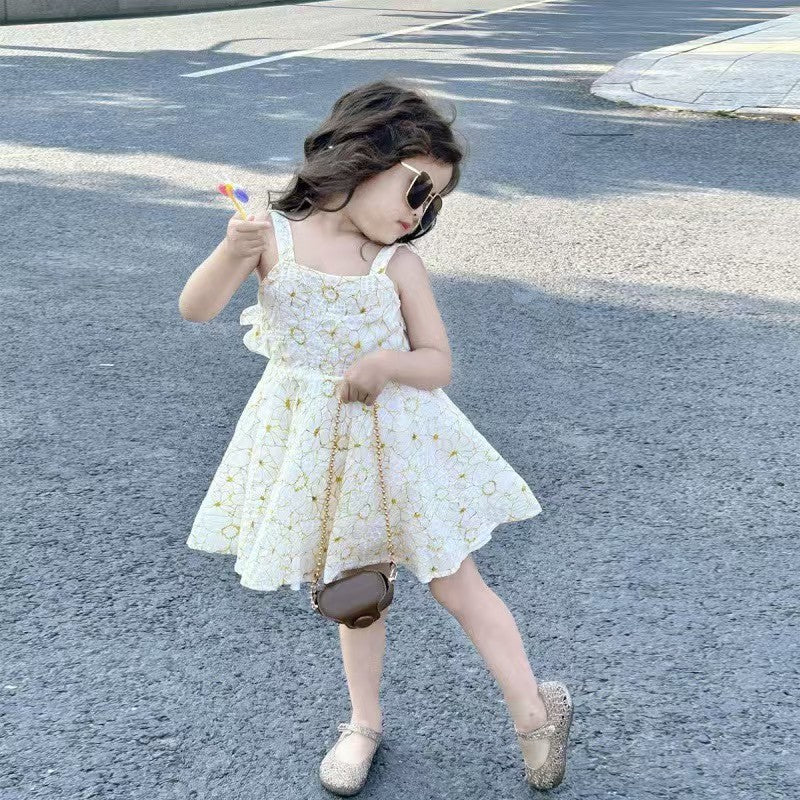 Children's Korean Style Flower Backless Princess Beach Suspender Dress