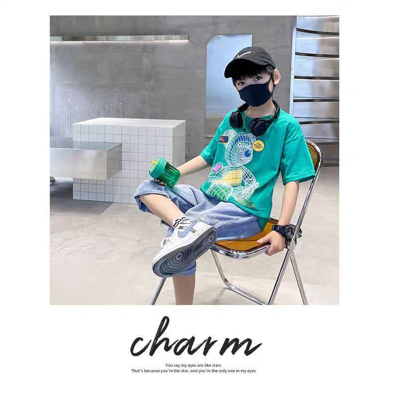 Colorful Bear Print Children's Short-sleeved T-shirt Boys loose Off-shoulder Fashion Dress