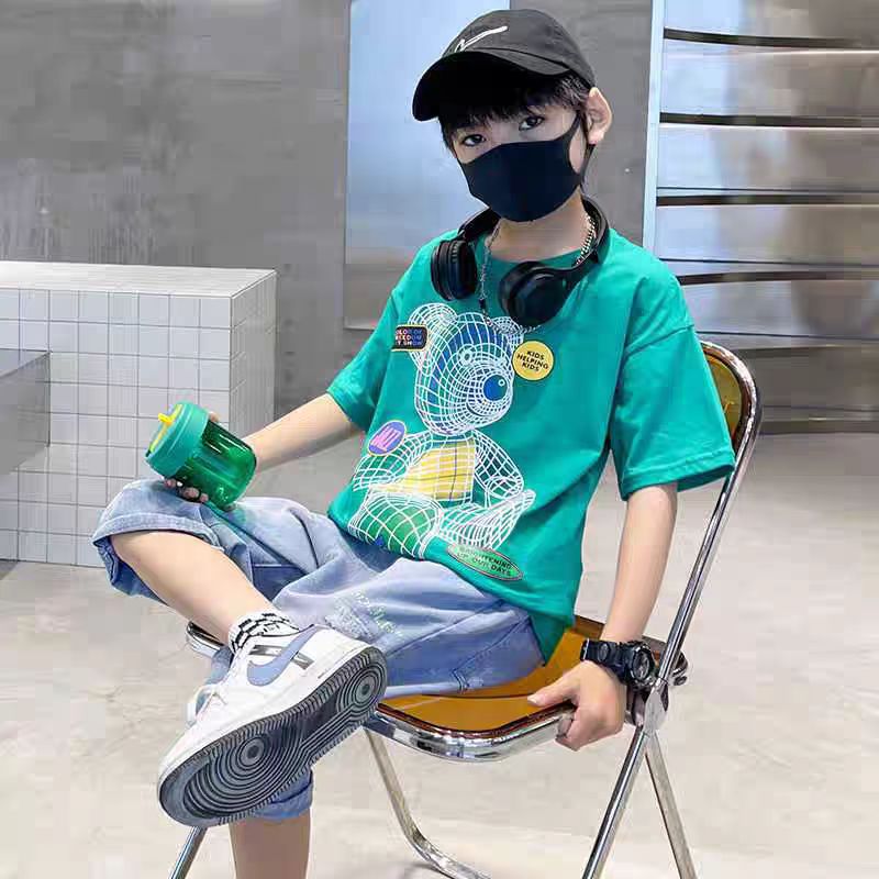 Colorful Bear Print Children's Short-sleeved T-shirt Boys loose Off-shoulder Fashion Dress