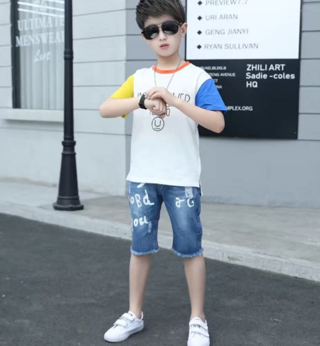 Summer Clothing For Boys Short Sleeve Sets Fashion Letters Patchwork Print Top & Pants 2 Piece Suits Children Outfits Costums