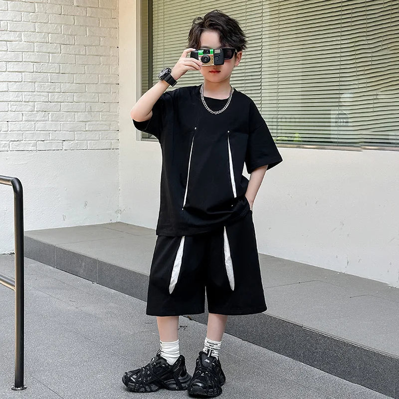 American Kids Design Double Cotton Gauze Clothing Set For Teenage Boy Casual Summer Top and Bottom Clothes Set Child Tracksuit
