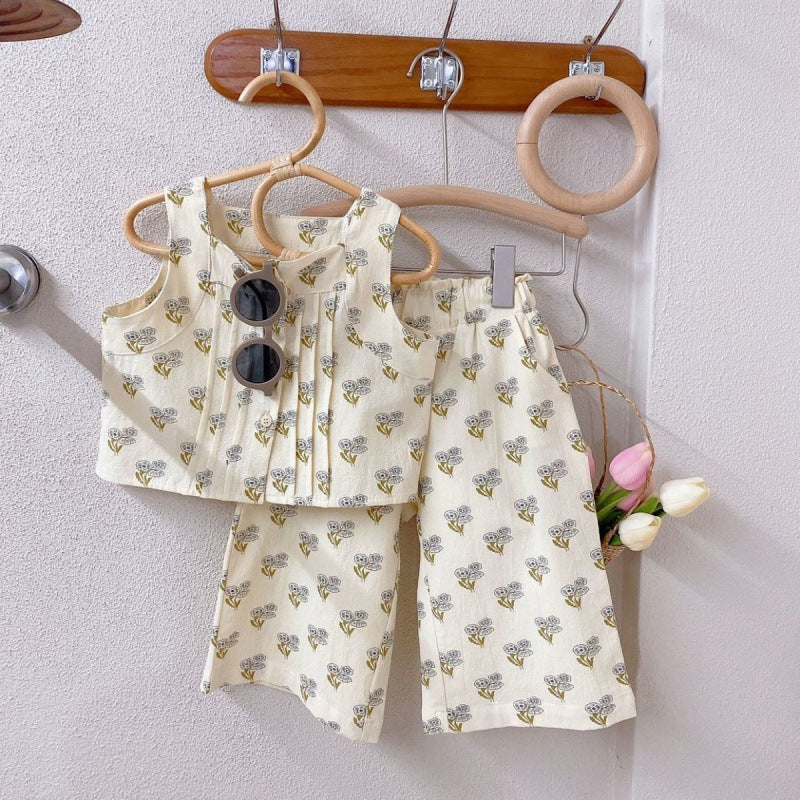 Floral Suit Little Girl Western Style Camisole All Match Casual Pants
