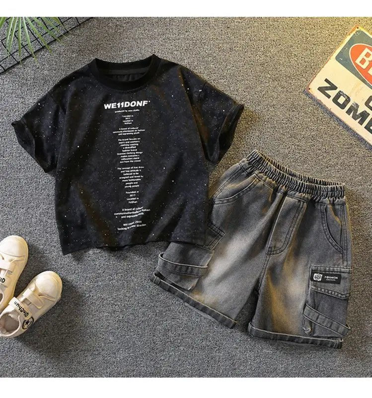 Baby Boys Summer Clothes Fashion Crew Neck Children Tracksuit Letter Printed T-shirt Denim Shorts 2pcs Suit Kids Outfit 2-11Y
