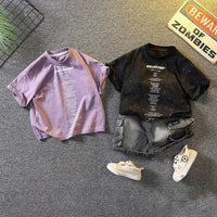 Baby Boys Summer Clothes Fashion Crew Neck Children Tracksuit Letter Printed T-shirt Denim Shorts 2pcs Suit Kids Outfit 2-11Y