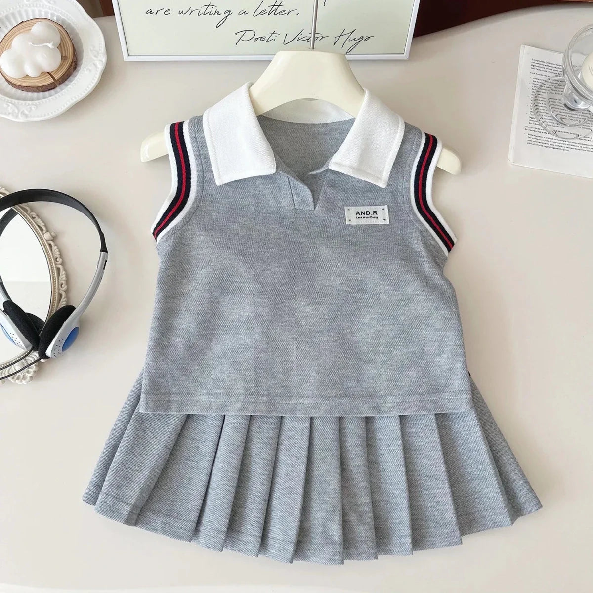 Baby Girl College Style Summer 2PCS Clothes Set Polo Collar Kid Girl Vest Top Set Thin Stylish Stripe Pleated Skirt Belle Outfit - Mom & Kids