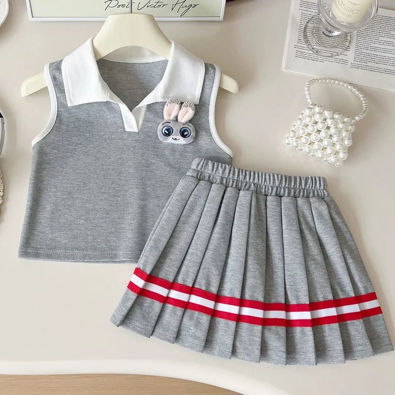 Baby Girl College Style Summer 2PCS Clothes Set Polo Collar Kid Girl Vest Top Set Thin Stylish Stripe Pleated Skirt Belle Outfit