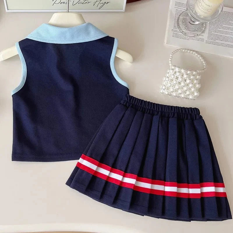 Baby Girl College Style Summer 2PCS Clothes Set Polo Collar Kid Girl Vest Top Set Thin Stylish Stripe Pleated Skirt Belle Outfit - Mom & Kids